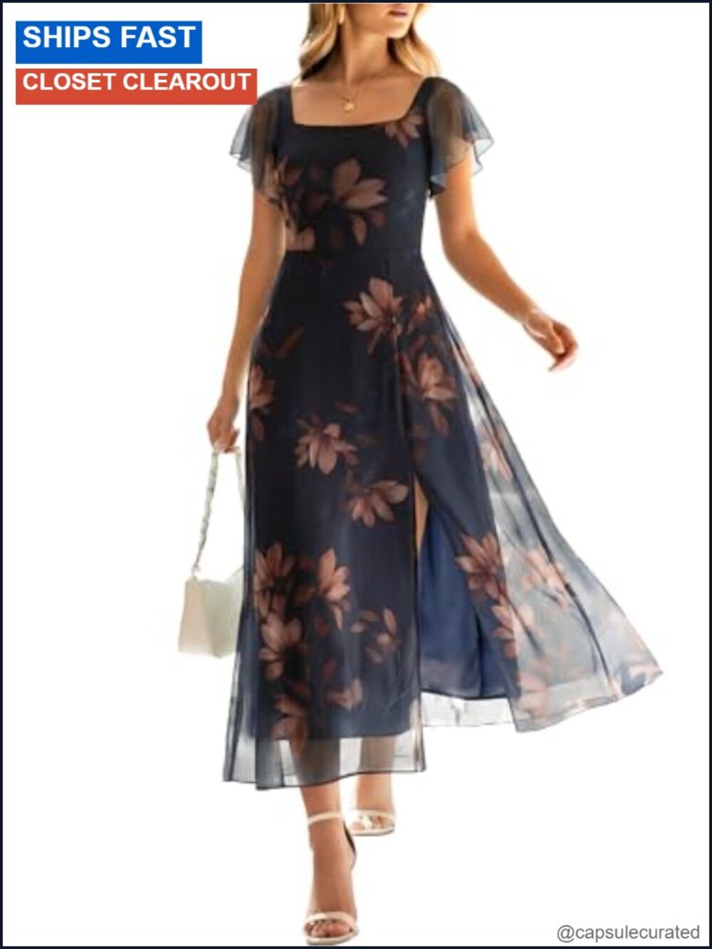 Floral Tulle Midi Dress Square Neck Ruffle Sleeve Formal Wedding Guest